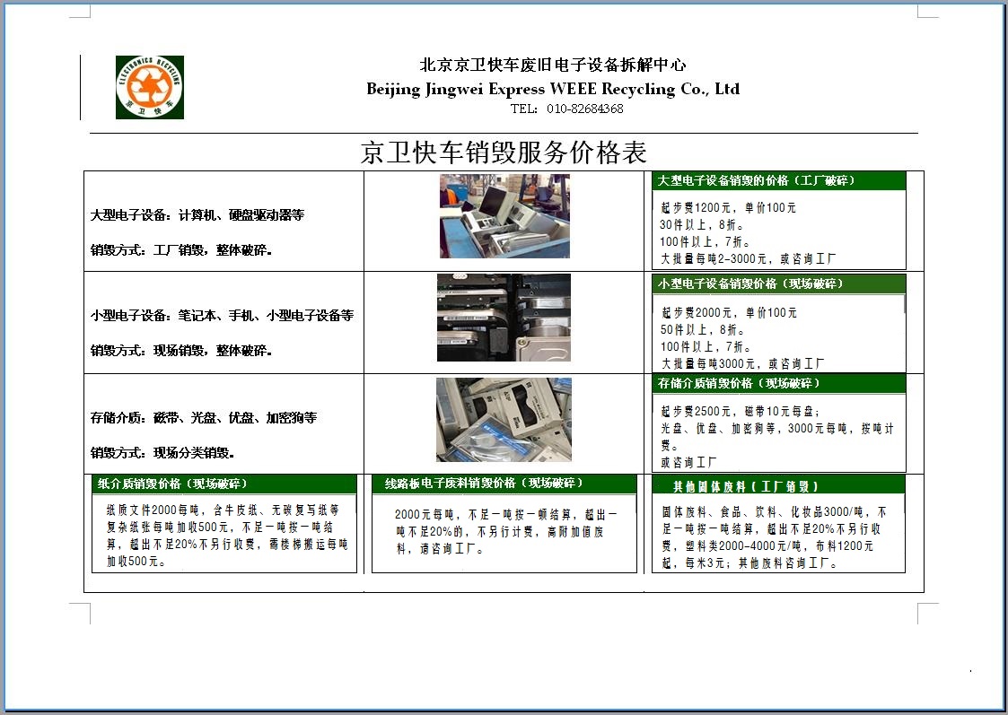 服务价格表